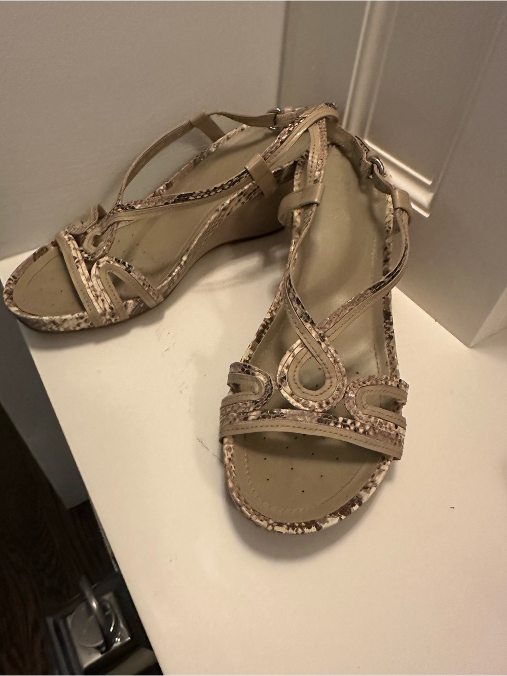 Geox Beige Snake-Print Strappy Wedge Sandals - Women Size 37